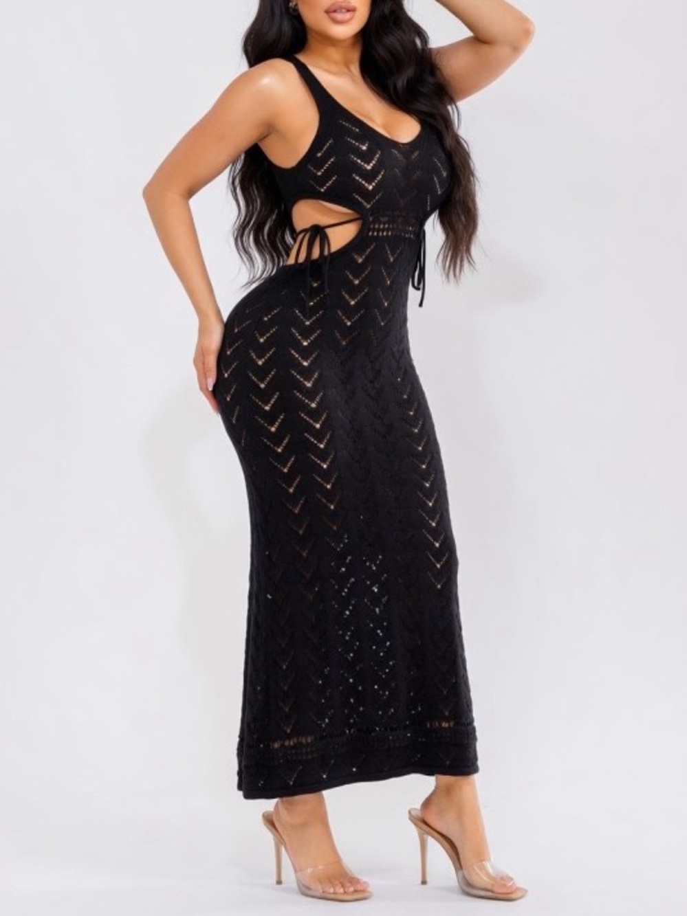 Black Crochet Knit Cut Out Side-Tie Maxi Dress